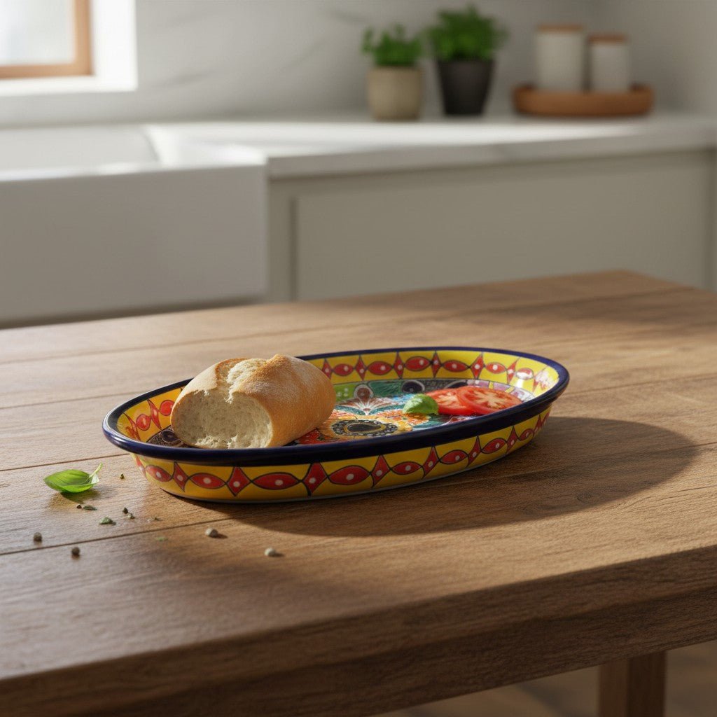 Talavera Oval Serving Platter | Cobalt-Blue Rim Kitchenware Talavera Oval Platter La Vie Bien Talavera Oval Serving Platter | Cobalt-Blue Rim Kitchenware