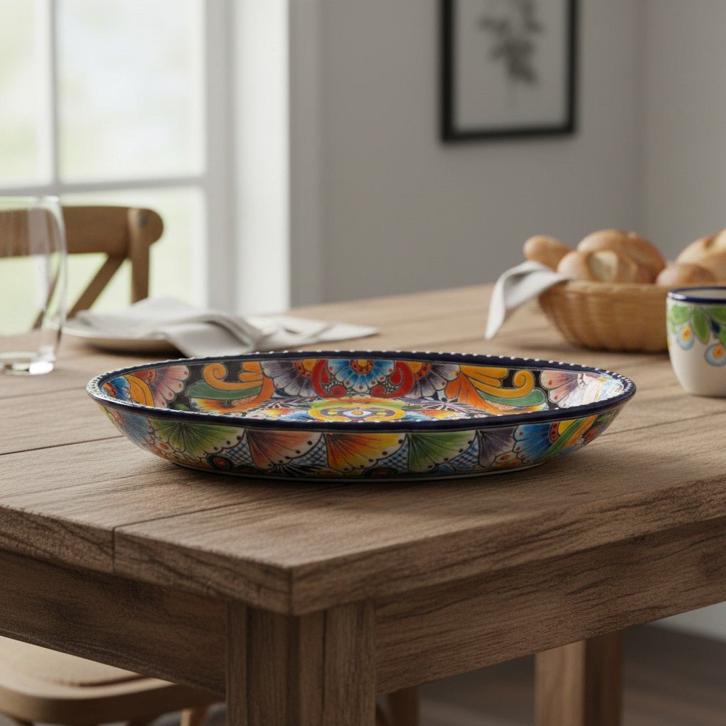Talavera Oval Serving Platter | Cobalt-Blue Rim Kitchenware Talavera Oval Platter La Vie Bien Talavera Oval Serving Platter | Cobalt-Blue Rim Kitchenware