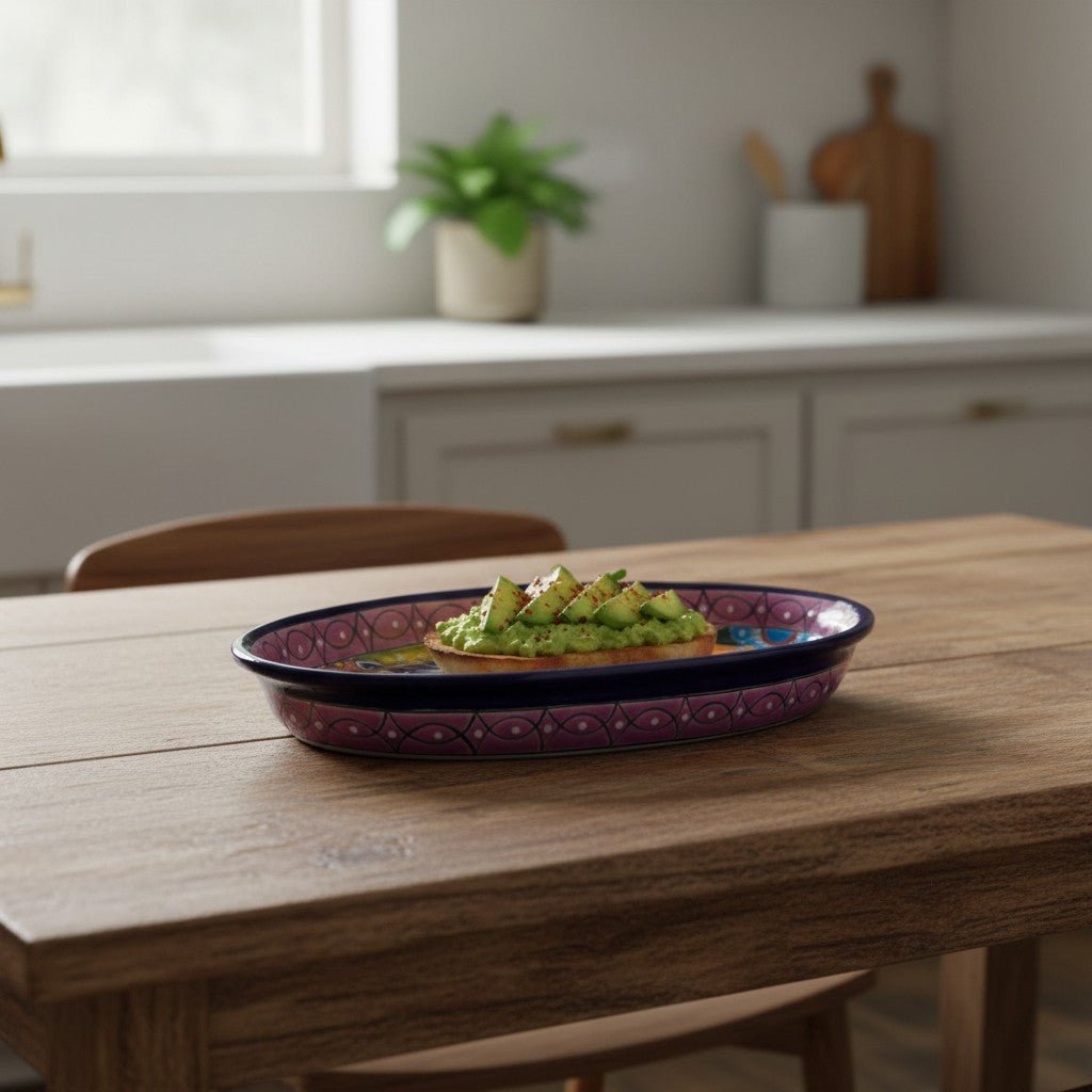Talavera Oval Serving Platter | Cobalt-Blue Rim Kitchenware Talavera Oval Platter La Vie Bien Talavera Oval Serving Platter | Cobalt-Blue Rim Kitchenware