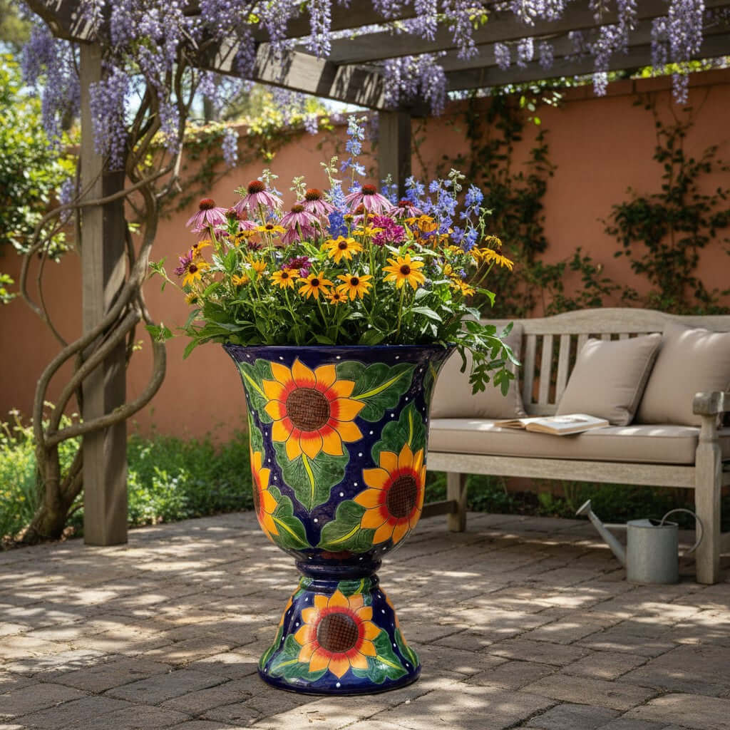 Talavera Pedestal Planter | Cobalt Blue Sunflower Design Talavera Flower Pot La Vie Bien Talavera Pedestal Planter | Cobalt Blue Sunflower Design