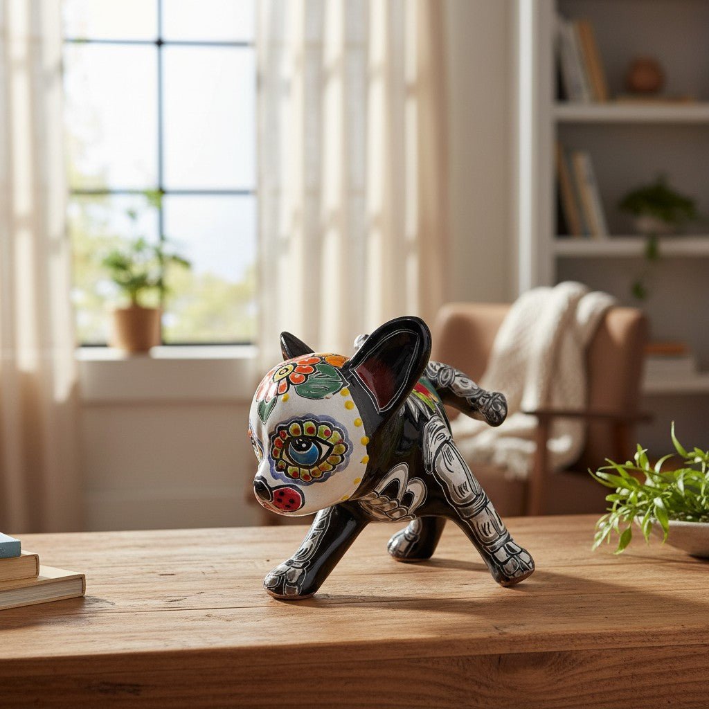 Talavera Peeing Chihuahua | Day of the Dead Mexican Figurine Talavera Figurine La Vie Bien Talavera Peeing Chihuahua | Day of the Dead Mexican Figurine
