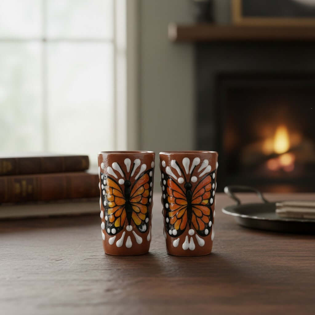 Talavera Shot Glass | Monarch Butterfly Design Mexican Shot Glass La Vie Bien Talavera Shot Glass | Monarch Butterfly Design