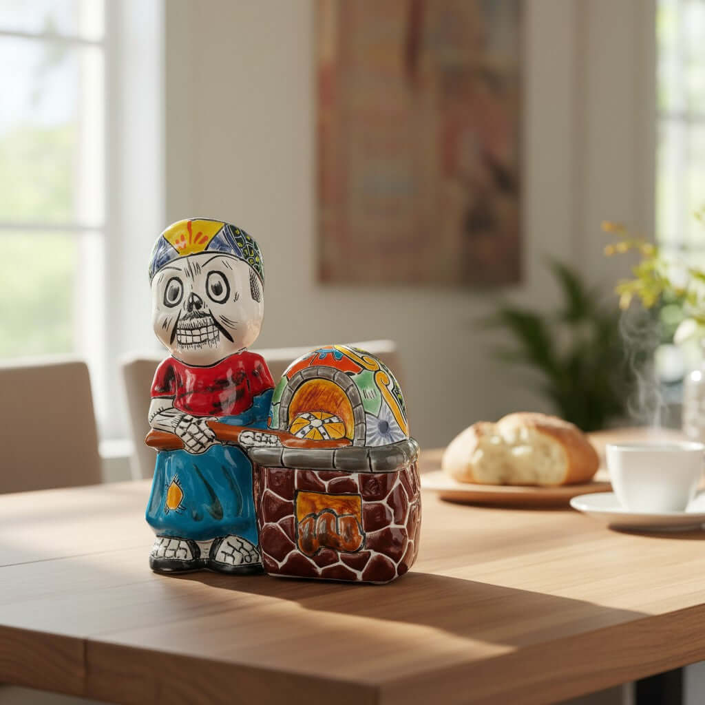 Talavera Skeleton Cook | 8" Day of the Dead Chef Figurine with Oven Talavera Statue La Vie Bien Talavera Skeleton Cook | 8" Day of the Dead Chef Figurine with Oven