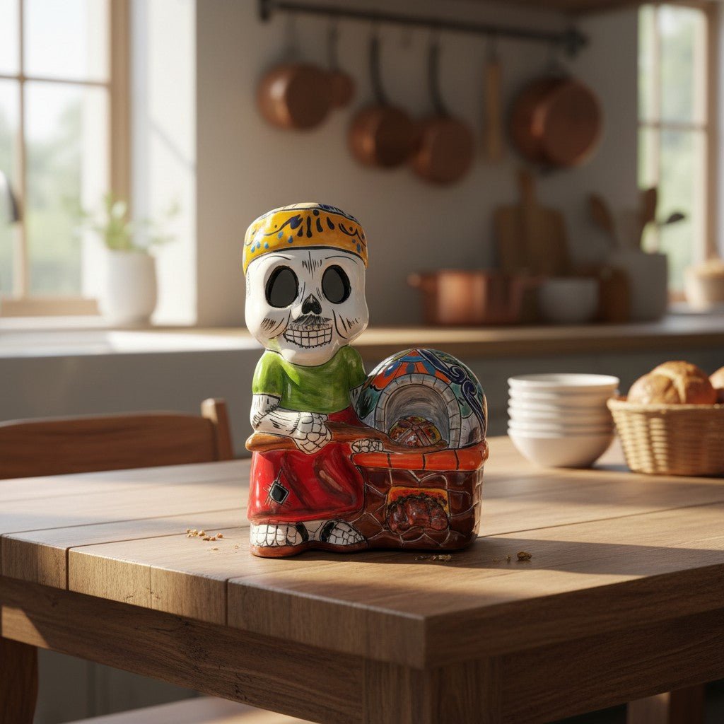 Talavera Skeleton Cook | 8" Day of the Dead Chef Figurine with Oven Talavera Statue La Vie Bien Talavera Skeleton Cook | 8" Day of the Dead Chef Figurine with Oven