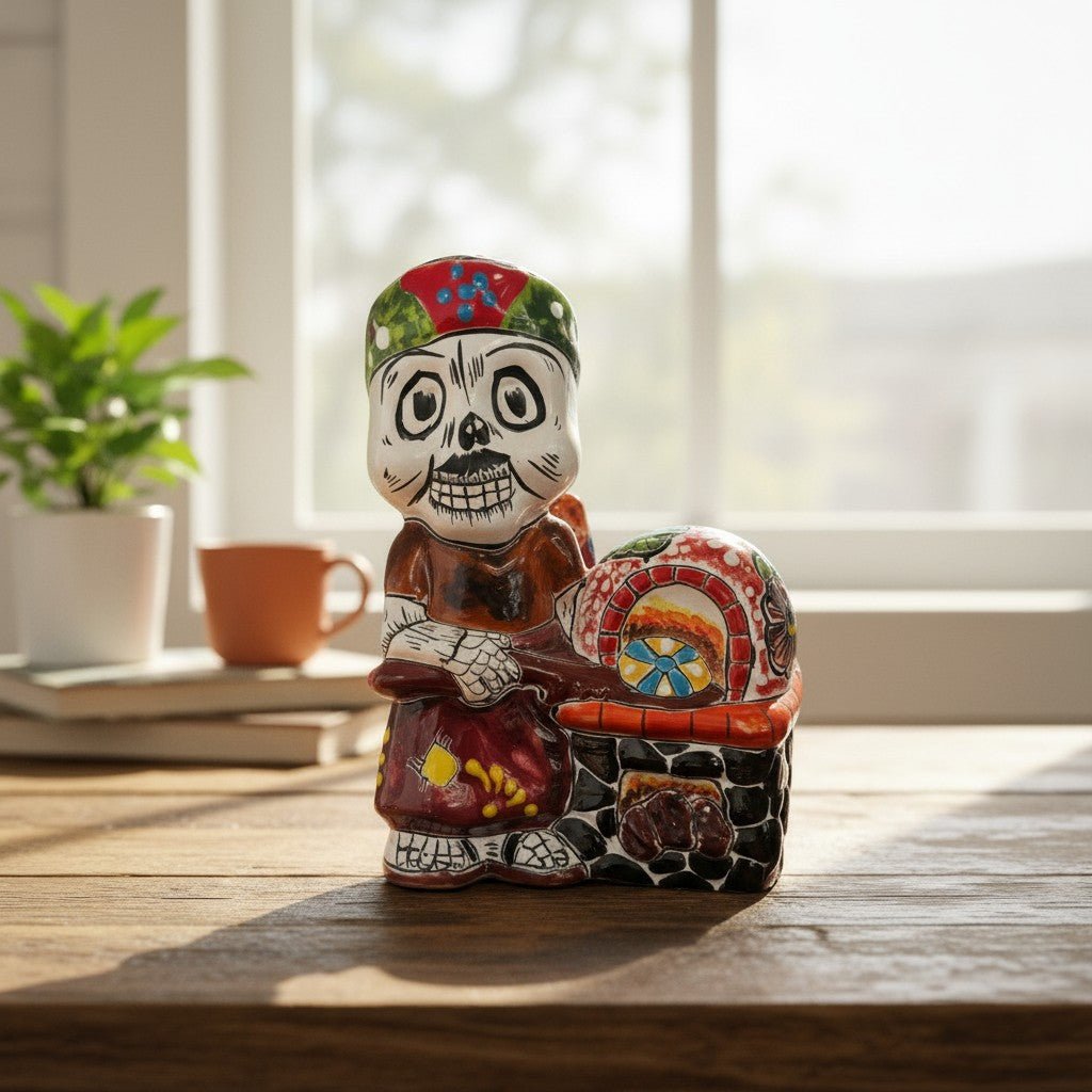 Talavera Skeleton Cook | 8" Day of the Dead Chef Figurine with Oven Talavera Statue La Vie Bien Talavera Skeleton Cook | 8" Day of the Dead Chef Figurine with Oven