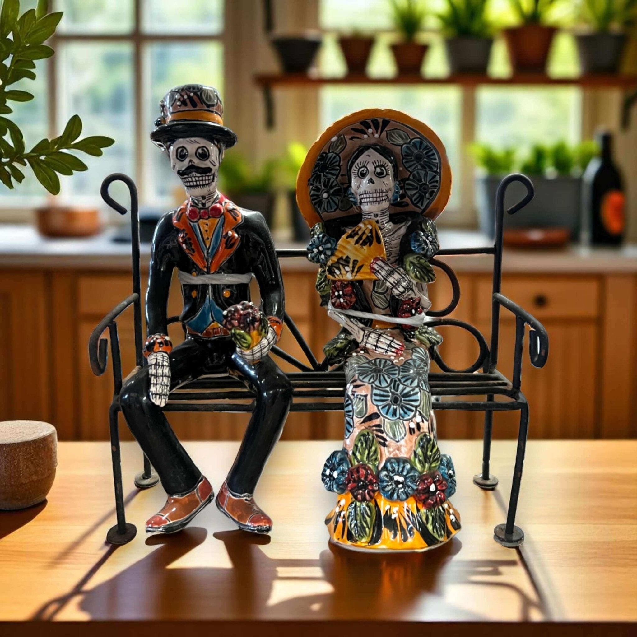 Talavera Skeleton Couple on Bench | Day of the Dead Mexican Decor Talavera Statue La Vie Bien Talavera Skeleton Couple on Bench | Day of the Dead Mexican Decor