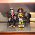 Talavera Skeleton Couple on Bench | Day of the Dead Mexican Decor Talavera Statue La Vie Bien Talavera Skeleton Couple on Bench | Day of the Dead Mexican Decor