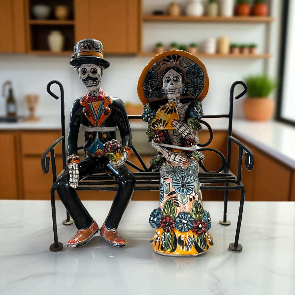 Talavera Skeleton Couple on Bench | Day of the Dead Mexican Decor Talavera Statue La Vie Bien Talavera Skeleton Couple on Bench | Day of the Dead Mexican Decor