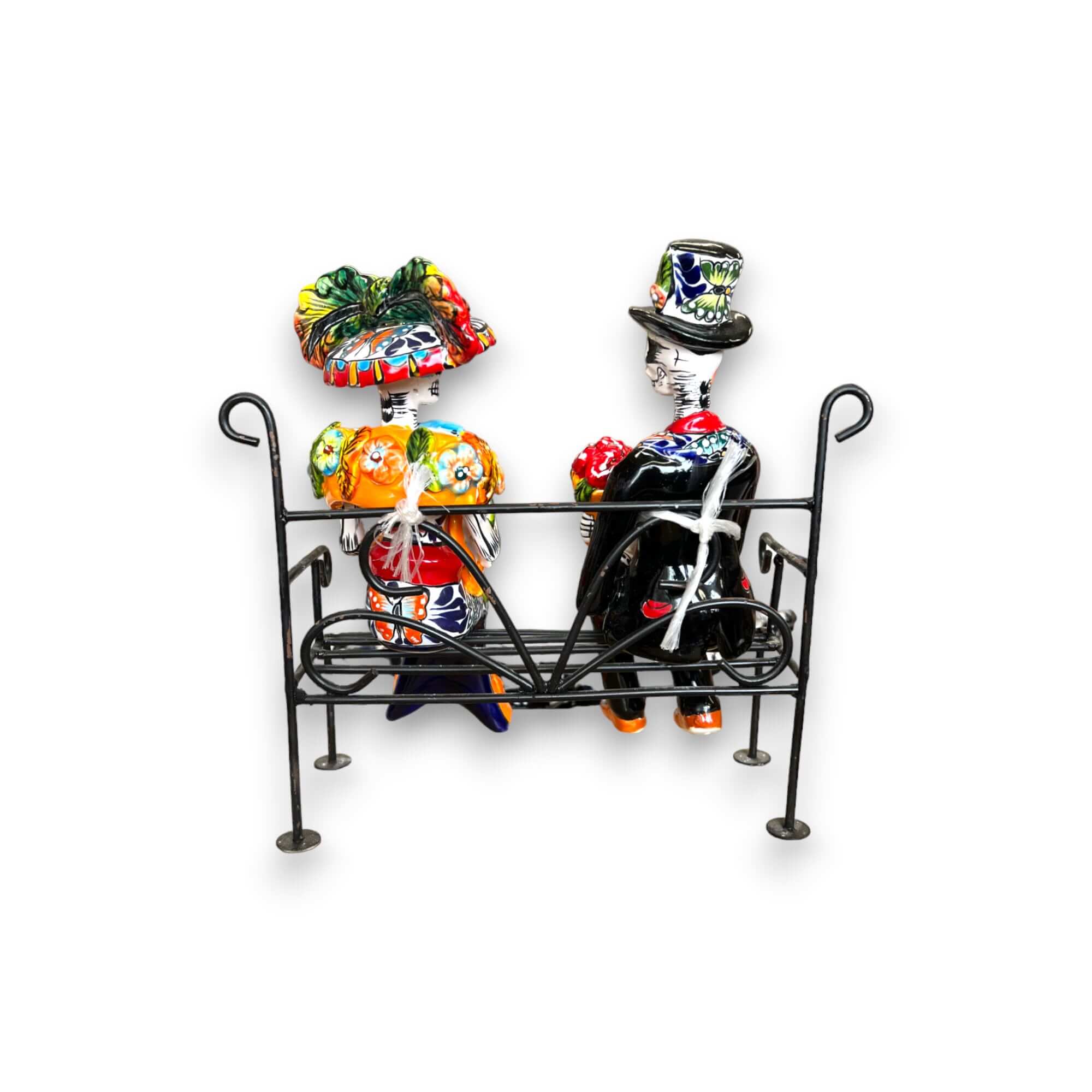Talavera Skeleton Couple on Bench | Day of the Dead Mexican Decor Talavera Statue La Vie Bien Talavera Skeleton Couple on Bench | Day of the Dead Mexican Decor