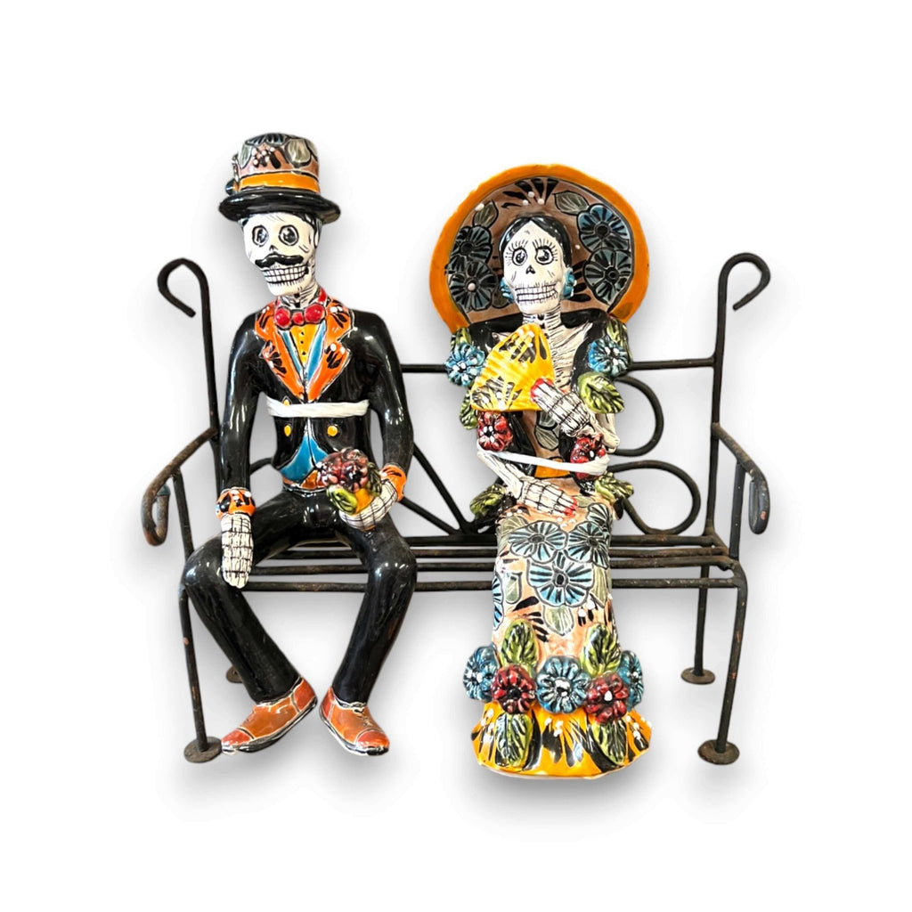 Talavera Skeleton Couple on Bench | Day of the Dead Mexican Decor Talavera Statue La Vie Bien Talavera Skeleton Couple on Bench | Day of the Dead Mexican Decor