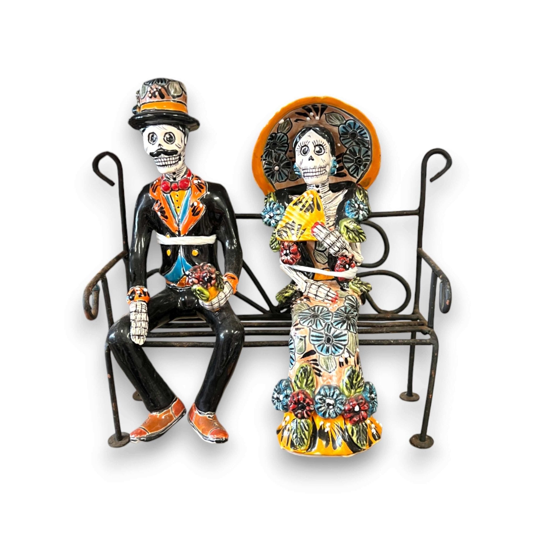 Talavera Skeleton Couple on Bench | Day of the Dead Mexican Decor Talavera Statue La Vie Bien Talavera Skeleton Couple on Bench | Day of the Dead Mexican Decor