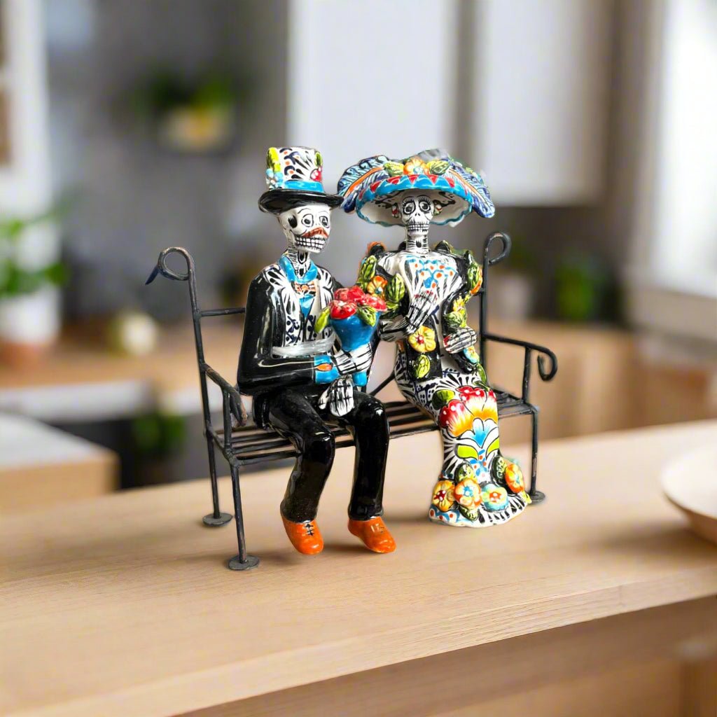 Talavera Skeleton Couple on Bench | Day of the Dead Mexican Decor Talavera Statue La Vie Bien Talavera Skeleton Couple on Bench | Day of the Dead Mexican Decor