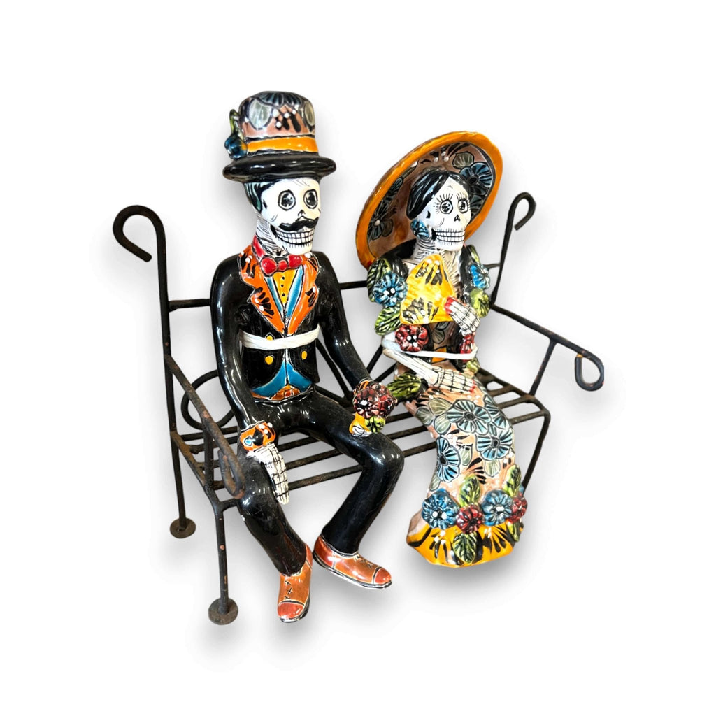 Talavera Skeleton Couple on Bench | Day of the Dead Mexican Decor Talavera Statue La Vie Bien Talavera Skeleton Couple on Bench | Day of the Dead Mexican Decor