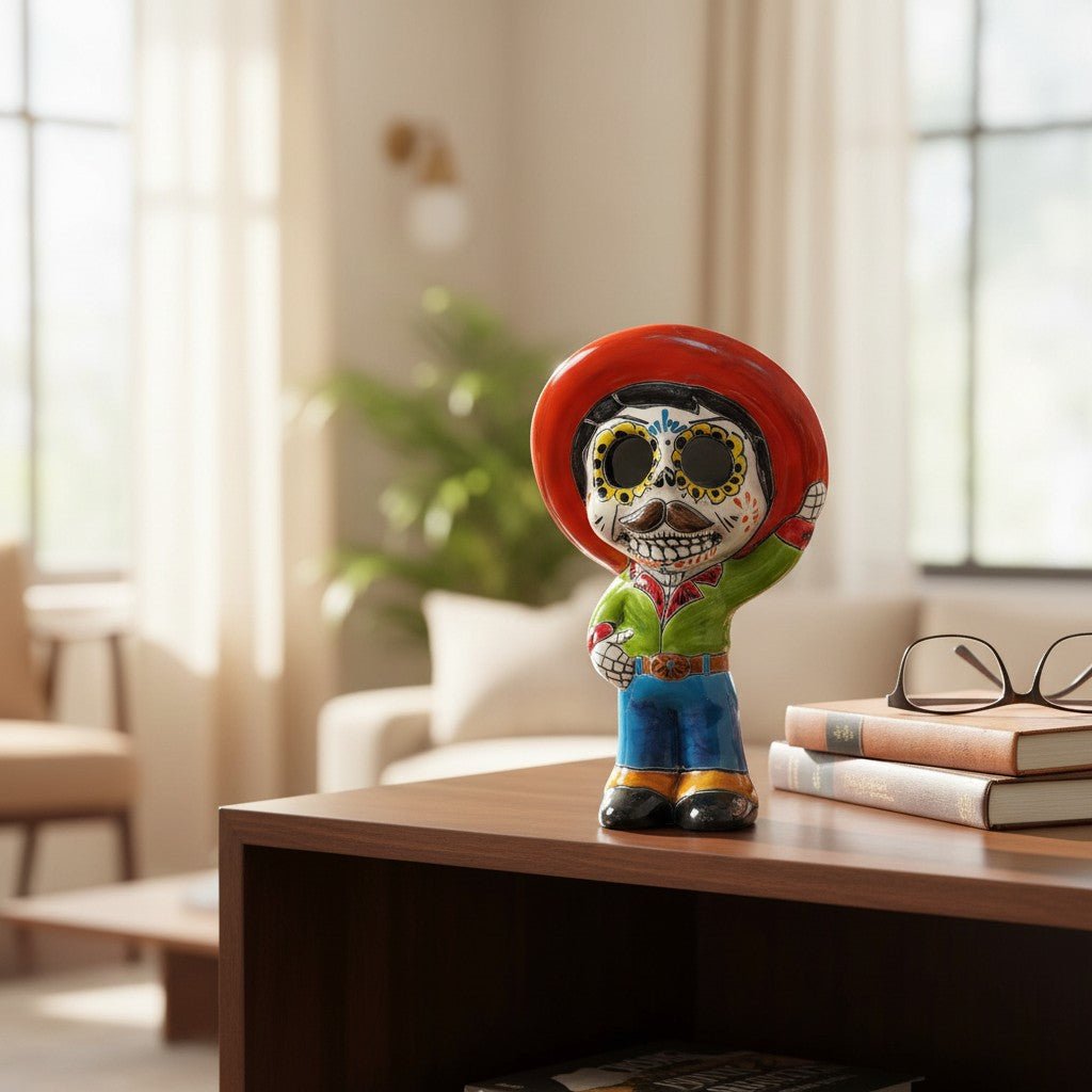 Talavera Skeleton Statue | Day of the Dead Figurine with Sombrero Talavera Statue La Vie Bien Talavera Skeleton Statue | Day of the Dead Figurine with Sombrero