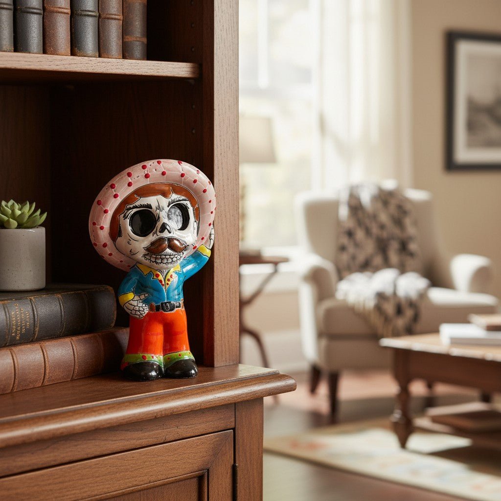 Talavera Skeleton Statue | Day of the Dead Figurine with Sombrero Talavera Statue La Vie Bien Talavera Skeleton Statue | Day of the Dead Figurine with Sombrero