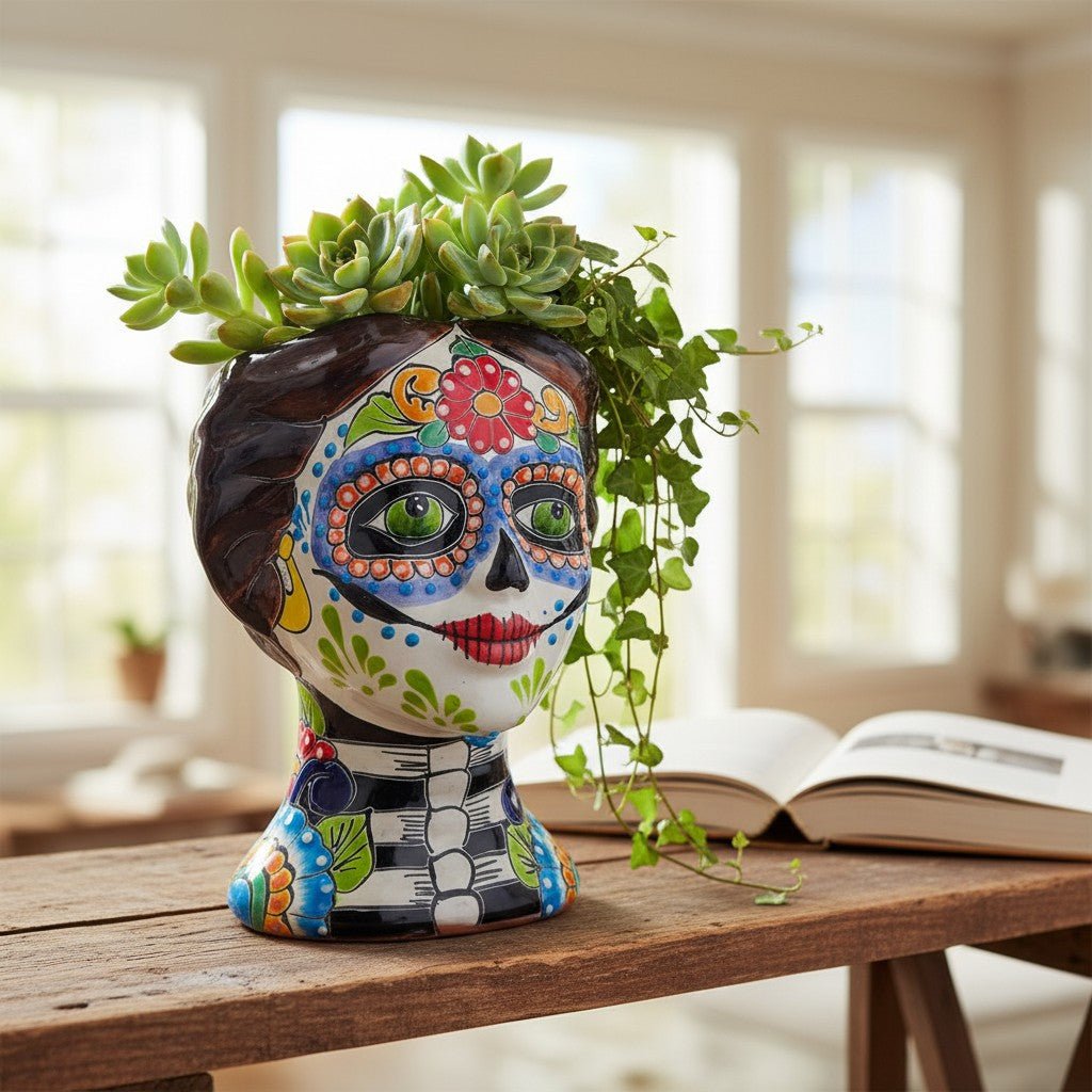 Talavera Skull Face Planter | Hand-Painted Day of the Dead Pottery Talavera Planter La Vie Bien Talavera Skull Face Planter | Hand-Painted Day of the Dead Pottery