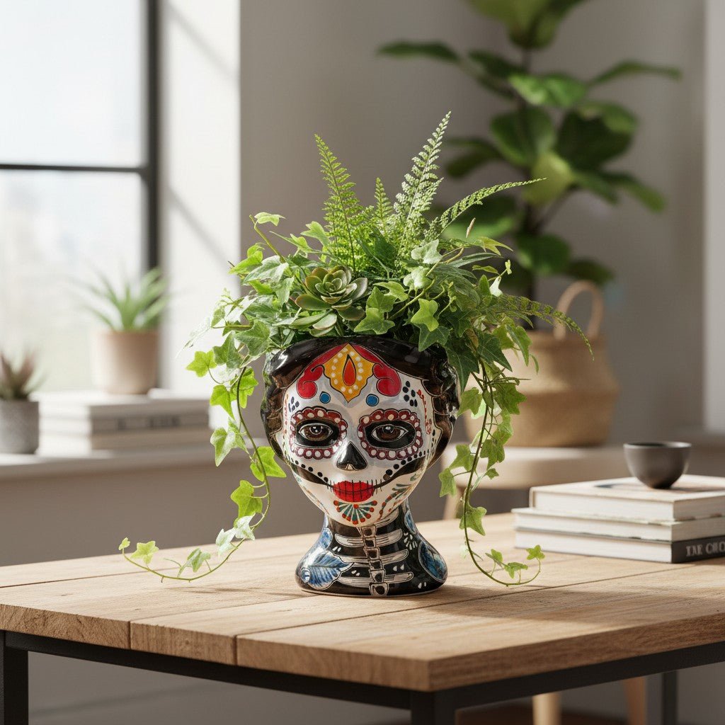 Talavera Skull Face Planter | Hand-Painted Day of the Dead Pottery Talavera Planter La Vie Bien Talavera Skull Face Planter | Hand-Painted Day of the Dead Pottery