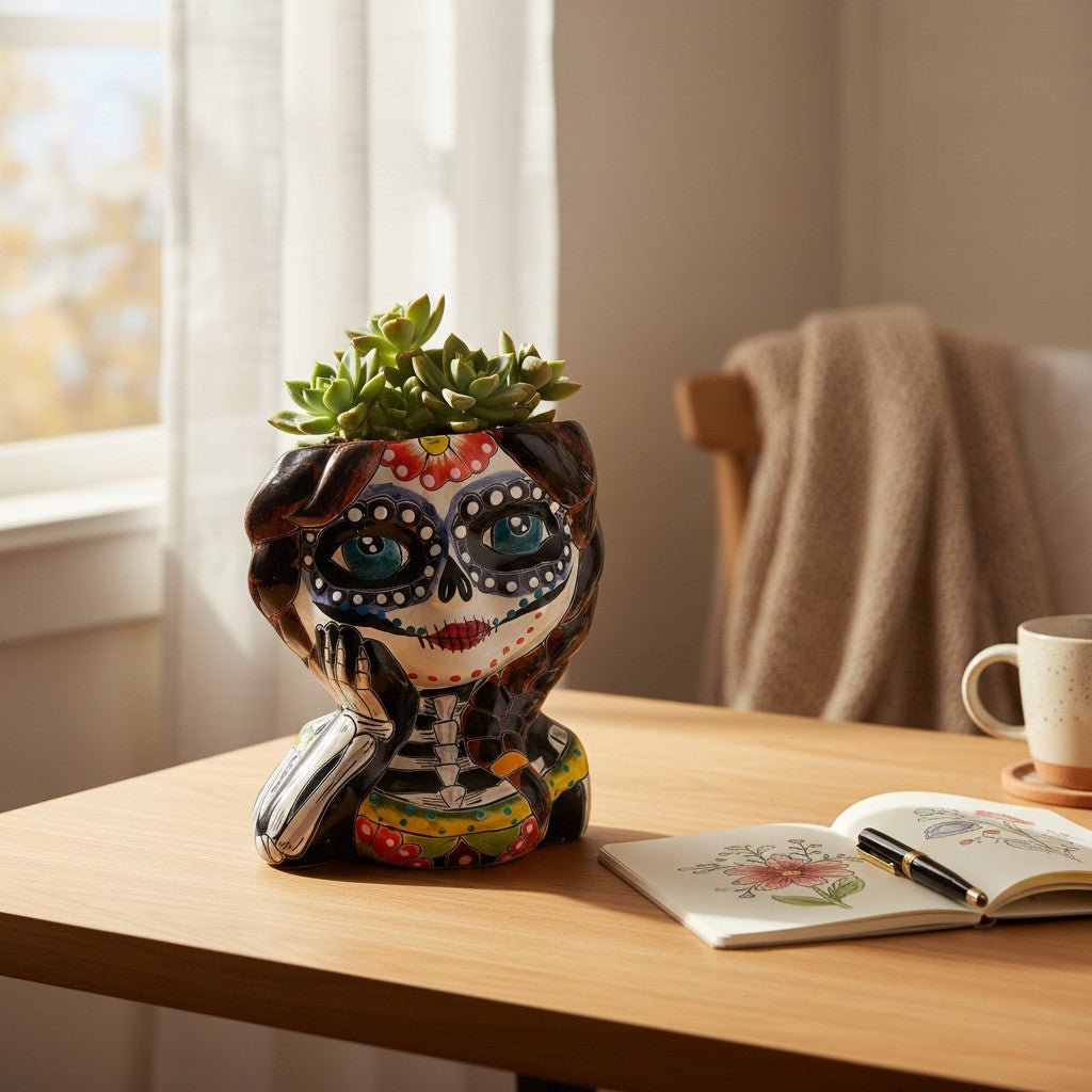 Talavera Skull Girl Planter | Hand - Painted Day of the Dead Pot Talavera Planter La Vie Bien Talavera Skull Girl Planter | Hand - Painted Day of the Dead Pot