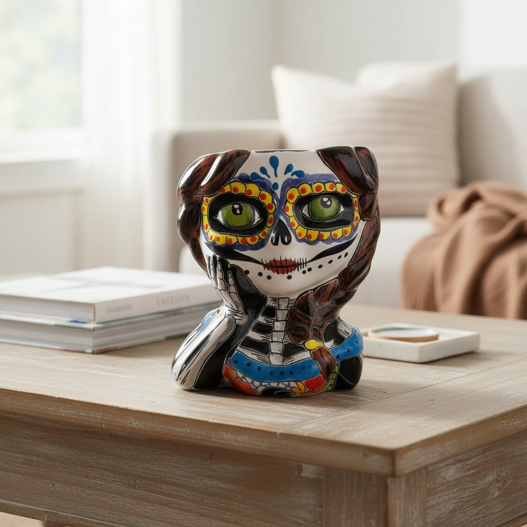 Talavera Skull Girl Planter | Hand - Painted Day of the Dead Pot Talavera Planter La Vie Bien Talavera Skull Girl Planter | Hand - Painted Day of the Dead Pot