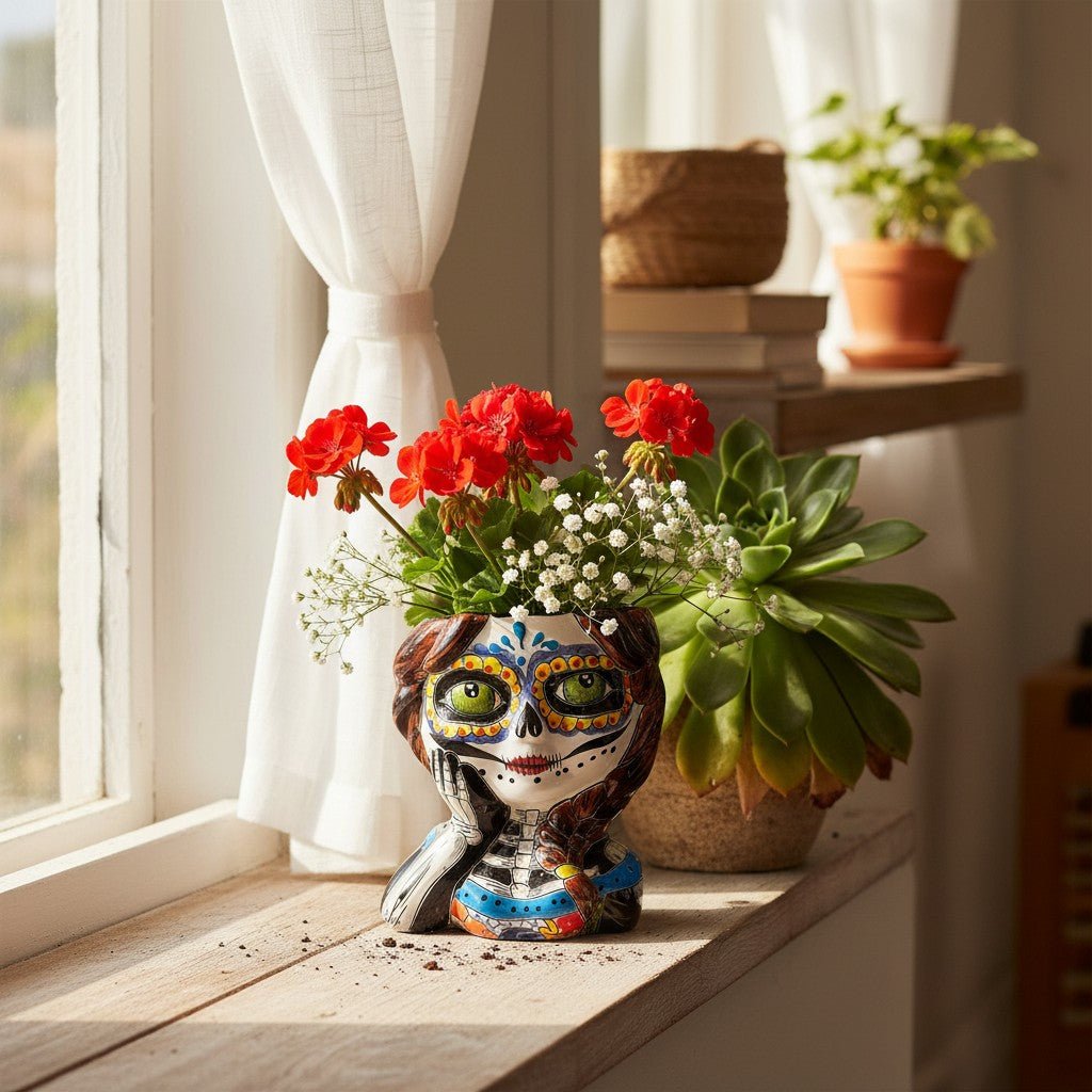 Talavera Skull Girl Planter | Hand - Painted Day of the Dead Pot Talavera Planter La Vie Bien Talavera Skull Girl Planter | Hand - Painted Day of the Dead Pot