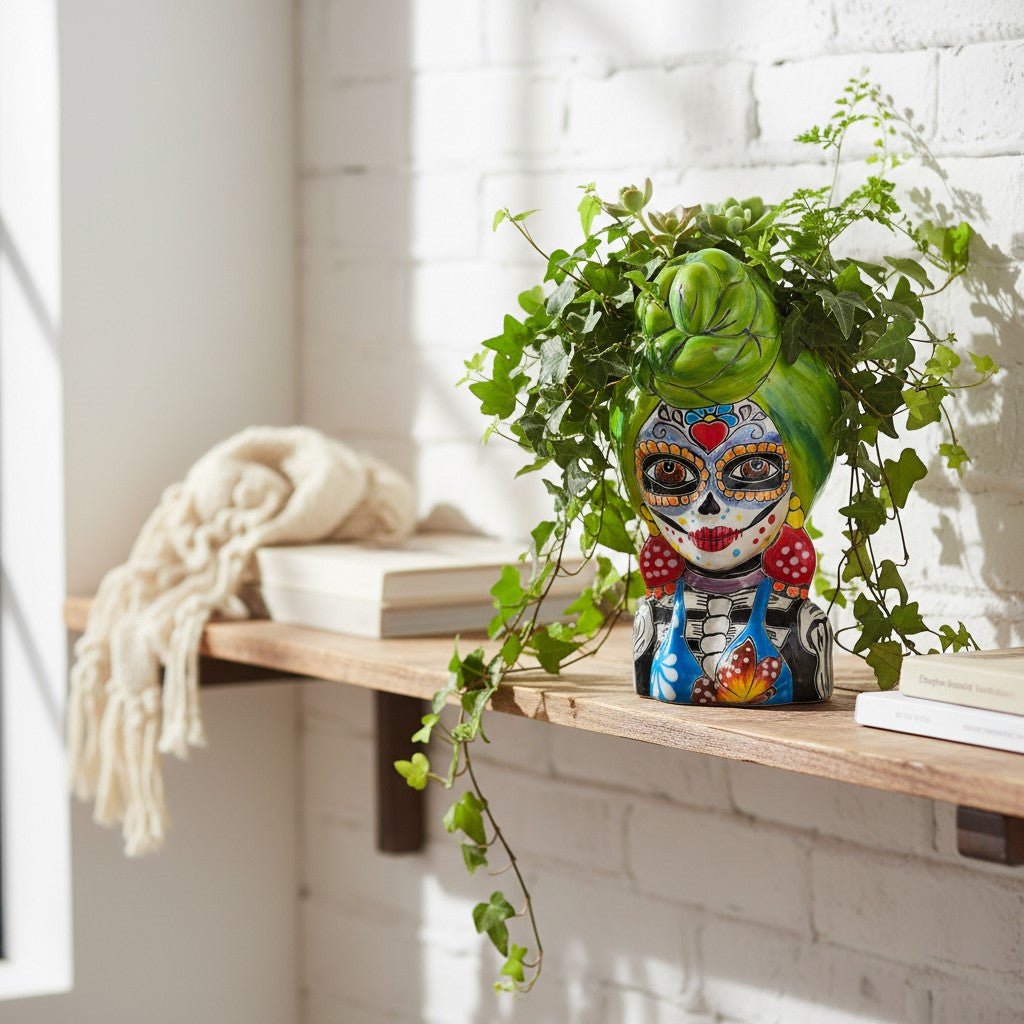 Talavera Skull Lady Planter | Colorful Day of the Dead Art Talavera Planter La Vie Bien Talavera Skull Lady Planter | Colorful Day of the Dead Art