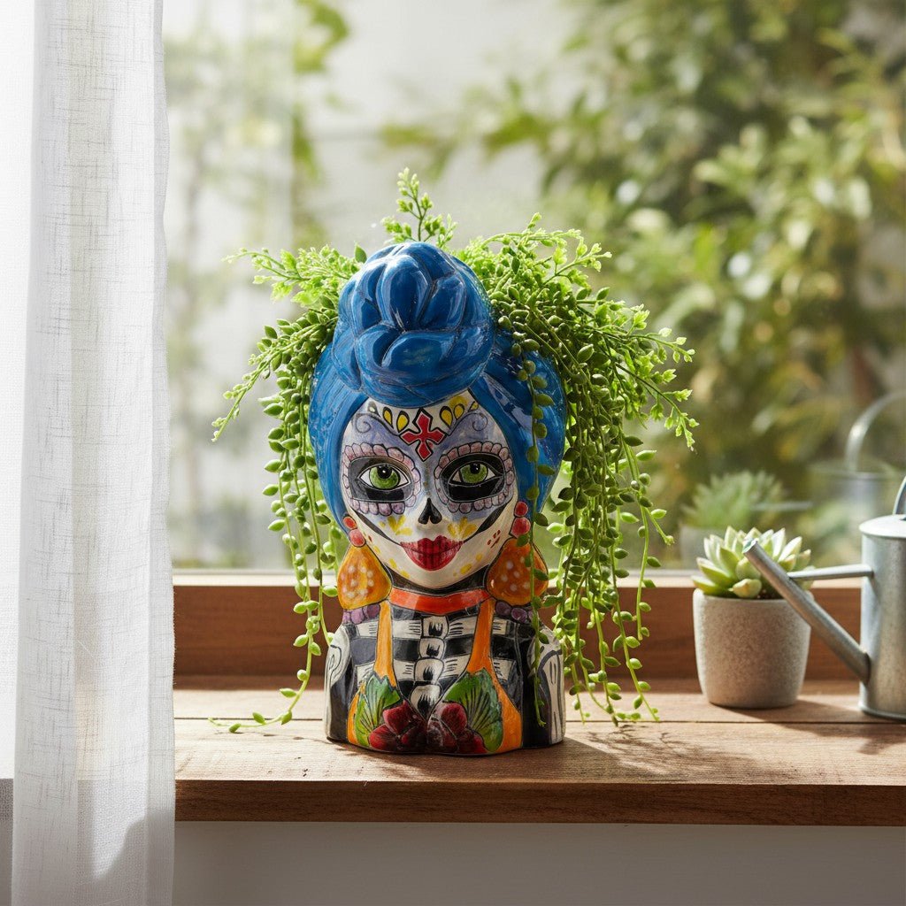 Talavera Skull Lady Planter | Colorful Day of the Dead Art Talavera Planter La Vie Bien Talavera Skull Lady Planter | Colorful Day of the Dead Art