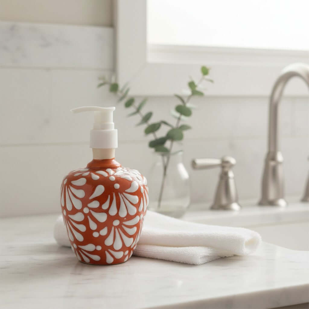 Talavera Soap Dispenser | Brown & White Floral Motif Talavera Soap Dispenser La Vie Bien Talavera Soap Dispenser | Brown & White Floral Motif