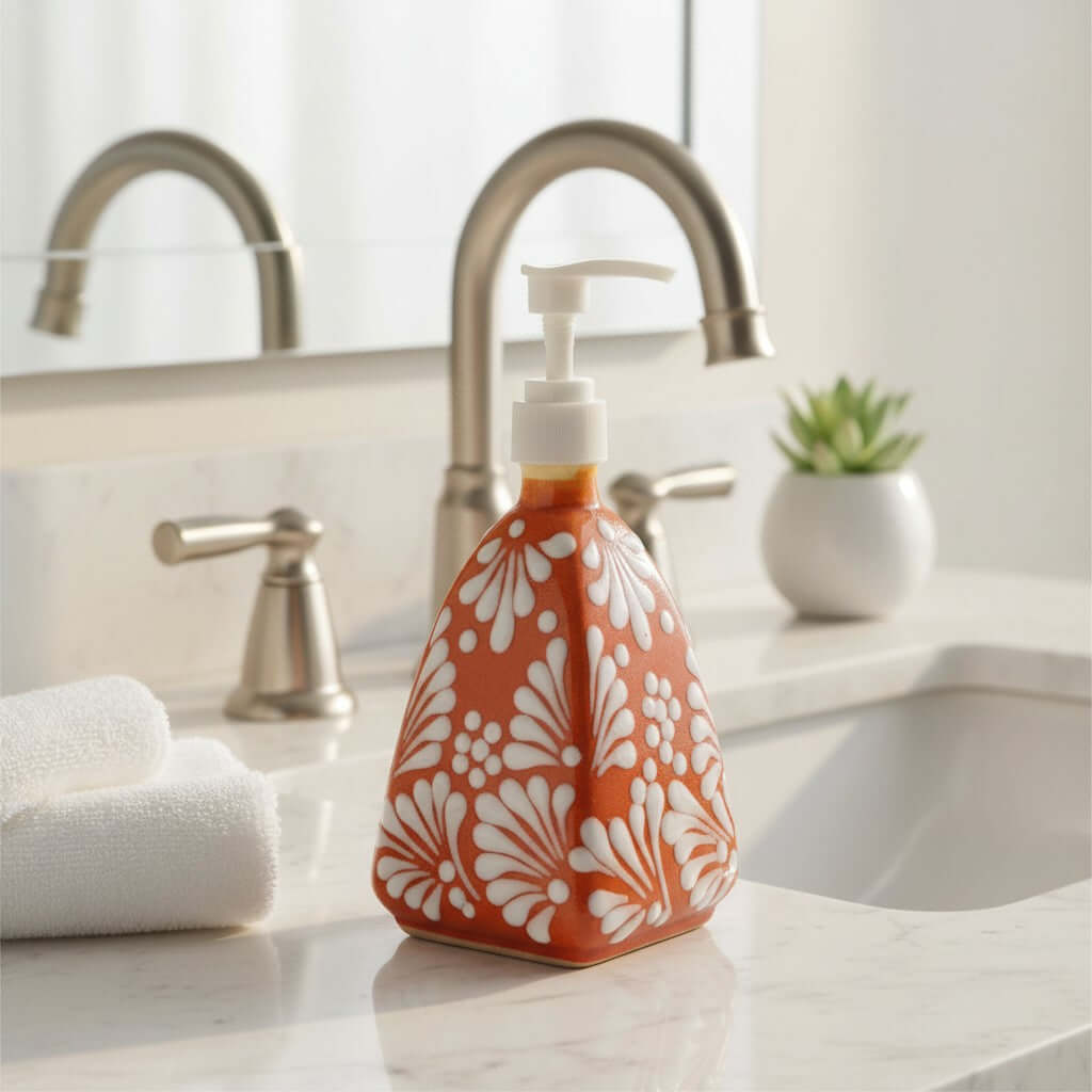 Talavera Soap Dispenser | Brown & White Pyramid Design Talavera Soap Dispenser La Vie Bien Talavera Soap Dispenser | Brown & White Pyramid Design