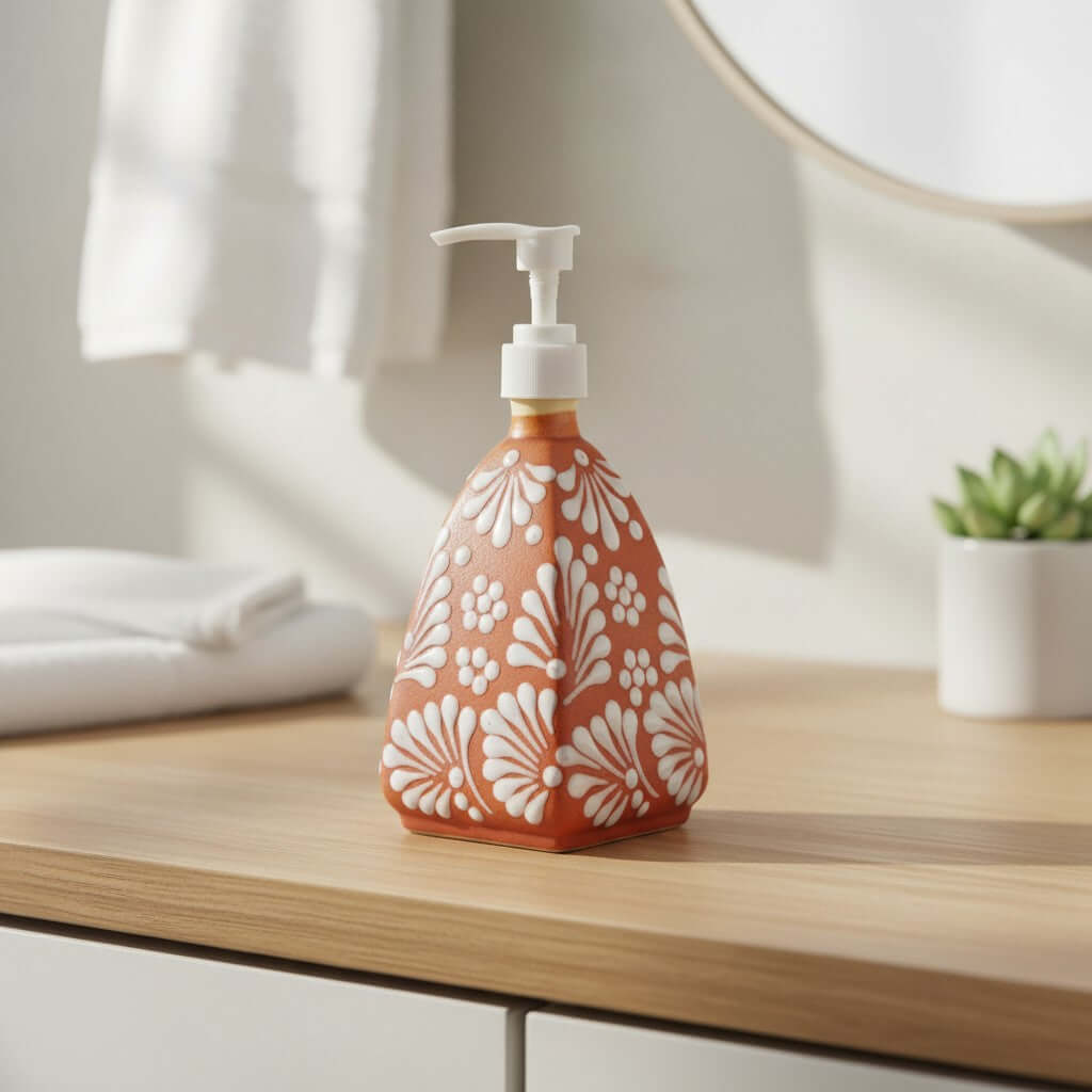 Talavera Soap Dispenser | Brown & White Pyramid Design Talavera Soap Dispenser La Vie Bien Talavera Soap Dispenser | Brown & White Pyramid Design