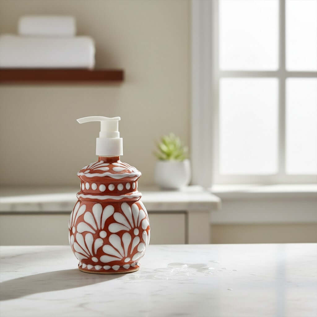 Talavera Soap Dispenser | Floral Brown & White Design Talavera Soap Dispenser La Vie Bien Talavera Soap Dispenser | Floral Brown & White Design