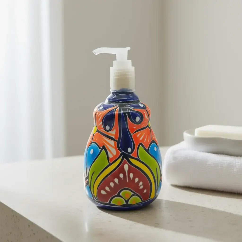 Talavera Soap Dispenser | Hand - Painted Mexican Ceramic Bathroom Decor Talavera Soap Dispenser La Vie Bien Talavera Soap Dispenser | Hand - Painted Mexican Ceramic Bathroom Decor