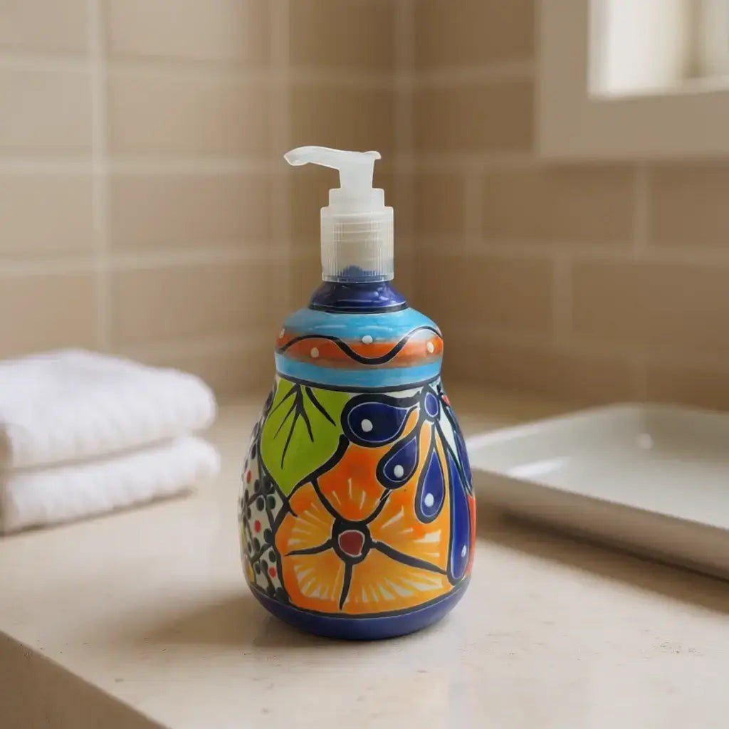 Talavera Soap Dispenser | Hand-Painted Mexican Ceramic Bathroom Decor Talavera Soap Dispenser La Vie Bien Talavera Soap Dispenser | Hand-Painted Mexican Ceramic Bathroom Decor