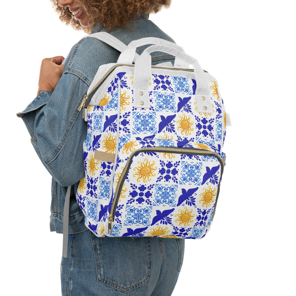 Talavera Sol Baby Diaper Backpack — Mediterranean Tile Print Multifunctional Nappy Bag Bags La Vie Bien Talavera Sol Baby Diaper Backpack — Mediterranean Tile Print Multifunctional Nappy Bag