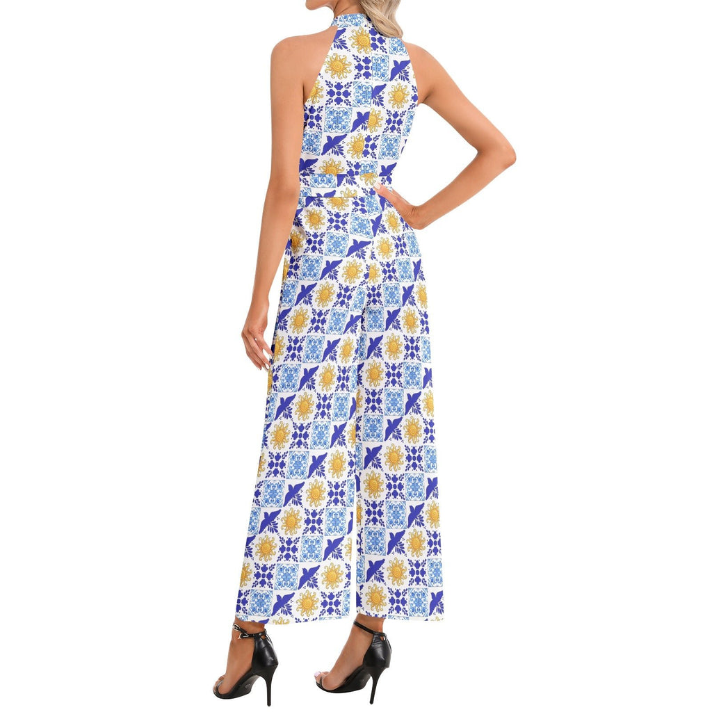 Talavera Sol blue and gold tile pattern Halter Neck Buckle Belted Jumpsuit, chic versatile outfit for everyday occasions Jumpsuit La Vie Bien Talavera Sol blue and gold tile pattern Halter Neck Buckle Belted Jumpsuit, chic versatile outfit for everyday occasions