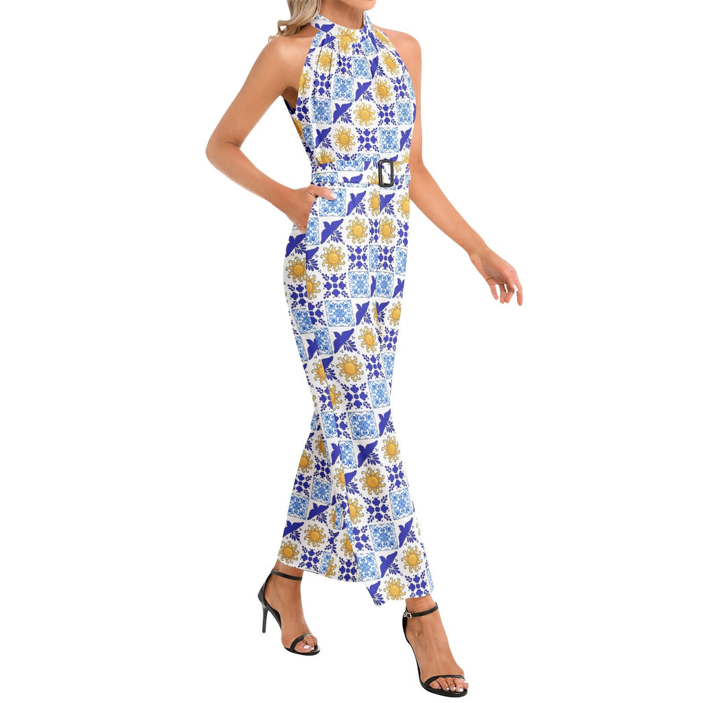 Talavera Sol blue and gold tile pattern Halter Neck Buckle Belted Jumpsuit, chic versatile outfit for everyday occasions Jumpsuit La Vie Bien Talavera Sol blue and gold tile pattern Halter Neck Buckle Belted Jumpsuit, chic versatile outfit for everyday occasions