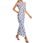 Talavera Sol blue and gold tile pattern Halter Neck Buckle Belted Jumpsuit, chic versatile outfit for everyday occasions Jumpsuit La Vie Bien Talavera Sol blue and gold tile pattern Halter Neck Buckle Belted Jumpsuit, chic versatile outfit for everyday occasions