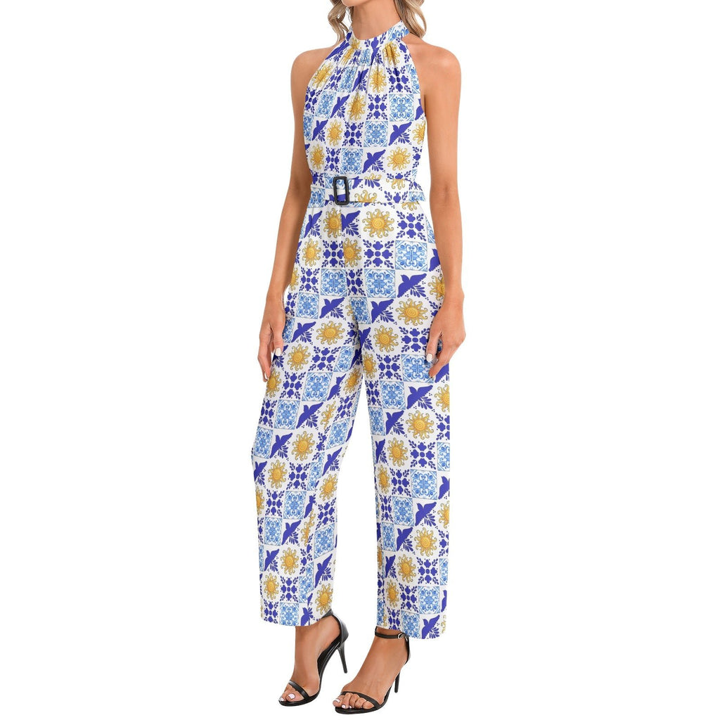 Talavera Sol blue and gold tile pattern Halter Neck Buckle Belted Jumpsuit, chic versatile outfit for everyday occasions Jumpsuit La Vie Bien Talavera Sol blue and gold tile pattern Halter Neck Buckle Belted Jumpsuit, chic versatile outfit for everyday occasions