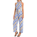 Talavera Sol blue and gold tile pattern Halter Neck Buckle Belted Jumpsuit, chic versatile outfit for everyday occasions Jumpsuit La Vie Bien Talavera Sol blue and gold tile pattern Halter Neck Buckle Belted Jumpsuit, chic versatile outfit for everyday occasions
