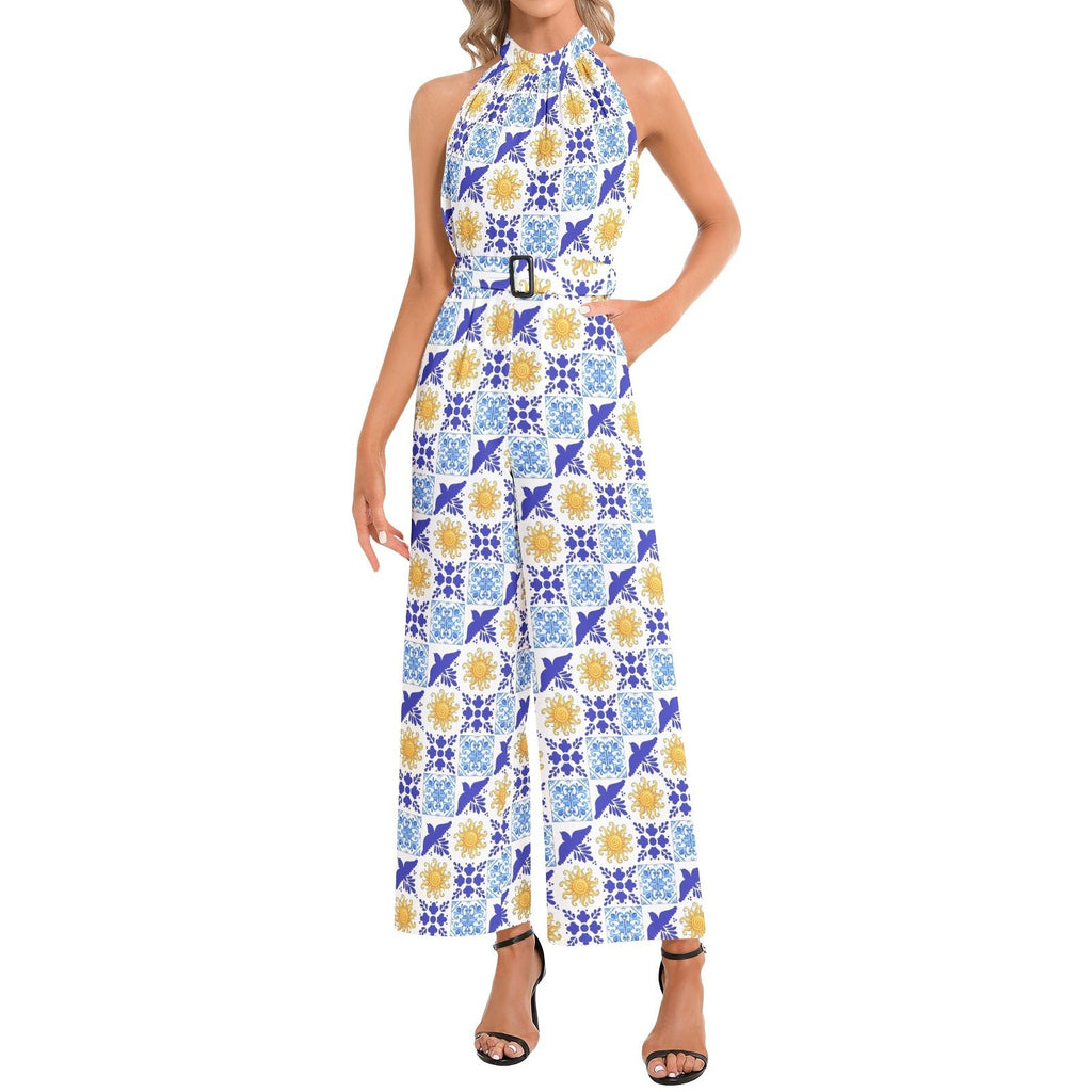 Talavera Sol blue and gold tile pattern Halter Neck Buckle Belted Jumpsuit, chic versatile outfit for everyday occasions Jumpsuit La Vie Bien Talavera Sol blue and gold tile pattern Halter Neck Buckle Belted Jumpsuit, chic versatile outfit for everyday occasions