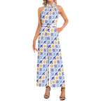 Talavera Sol blue and gold tile pattern Halter Neck Buckle Belted Jumpsuit, chic versatile outfit for everyday occasions Jumpsuit La Vie Bien Talavera Sol blue and gold tile pattern Halter Neck Buckle Belted Jumpsuit, chic versatile outfit for everyday occasions