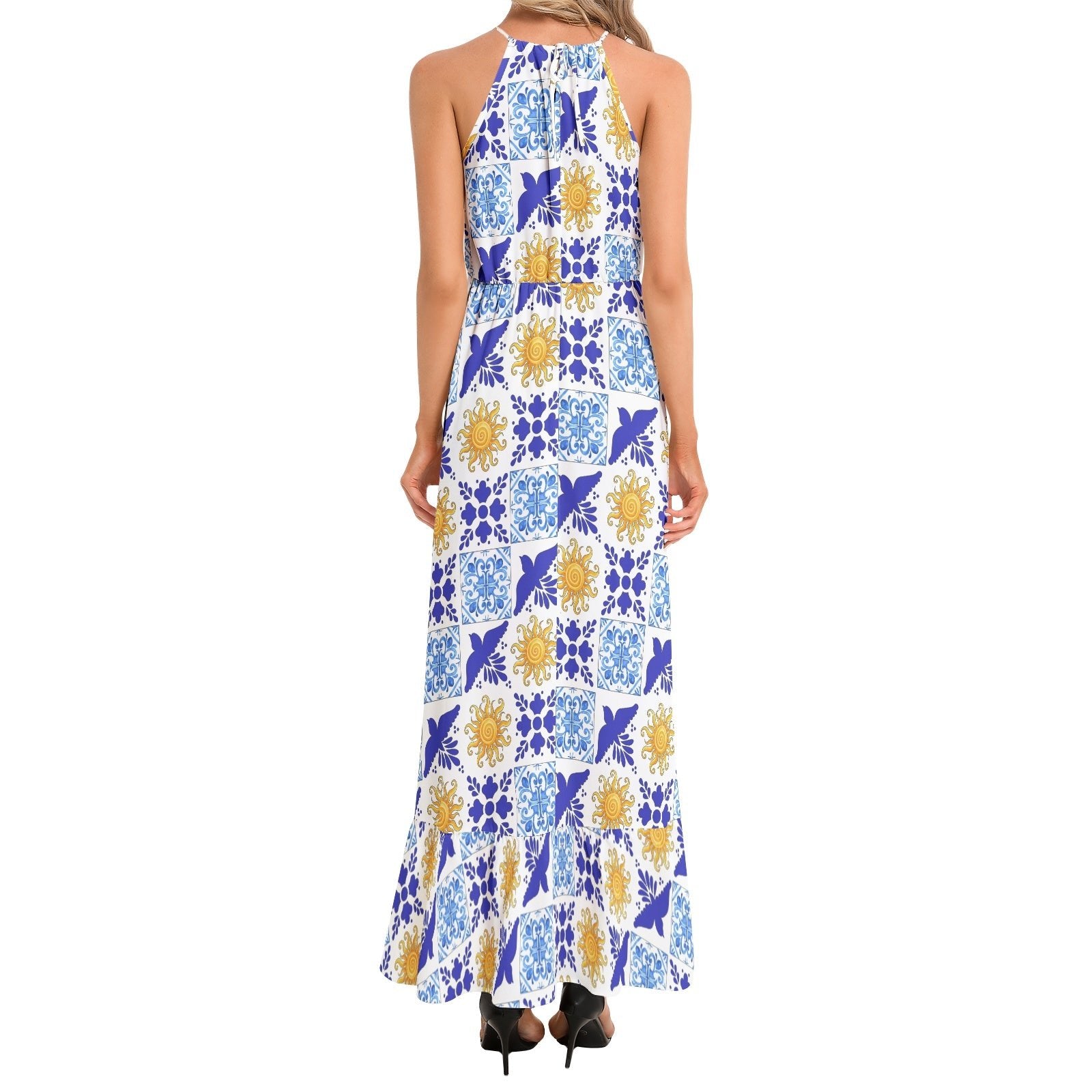 Talavera Sol Ruffle Hem Halter Neck Maxi Dress with tile pattern, summer date night outfit Dress La Vie Bien Talavera Sol Ruffle Hem Halter Neck Maxi Dress with tile pattern, summer date night outfit