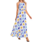 Talavera Sol Ruffle Hem Halter Neck Maxi Dress with tile pattern, summer date night outfit Dress La Vie Bien Talavera Sol Ruffle Hem Halter Neck Maxi Dress with tile pattern, summer date night outfit