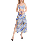 Talavera Sol style Bralette Top and High Slit Thigh Skirt Set with yellow sun and bright blue tiles Two-pieces La Vie Bien Talavera Sol style Bralette Top and High Slit Thigh Skirt Set with yellow sun and bright blue tiles