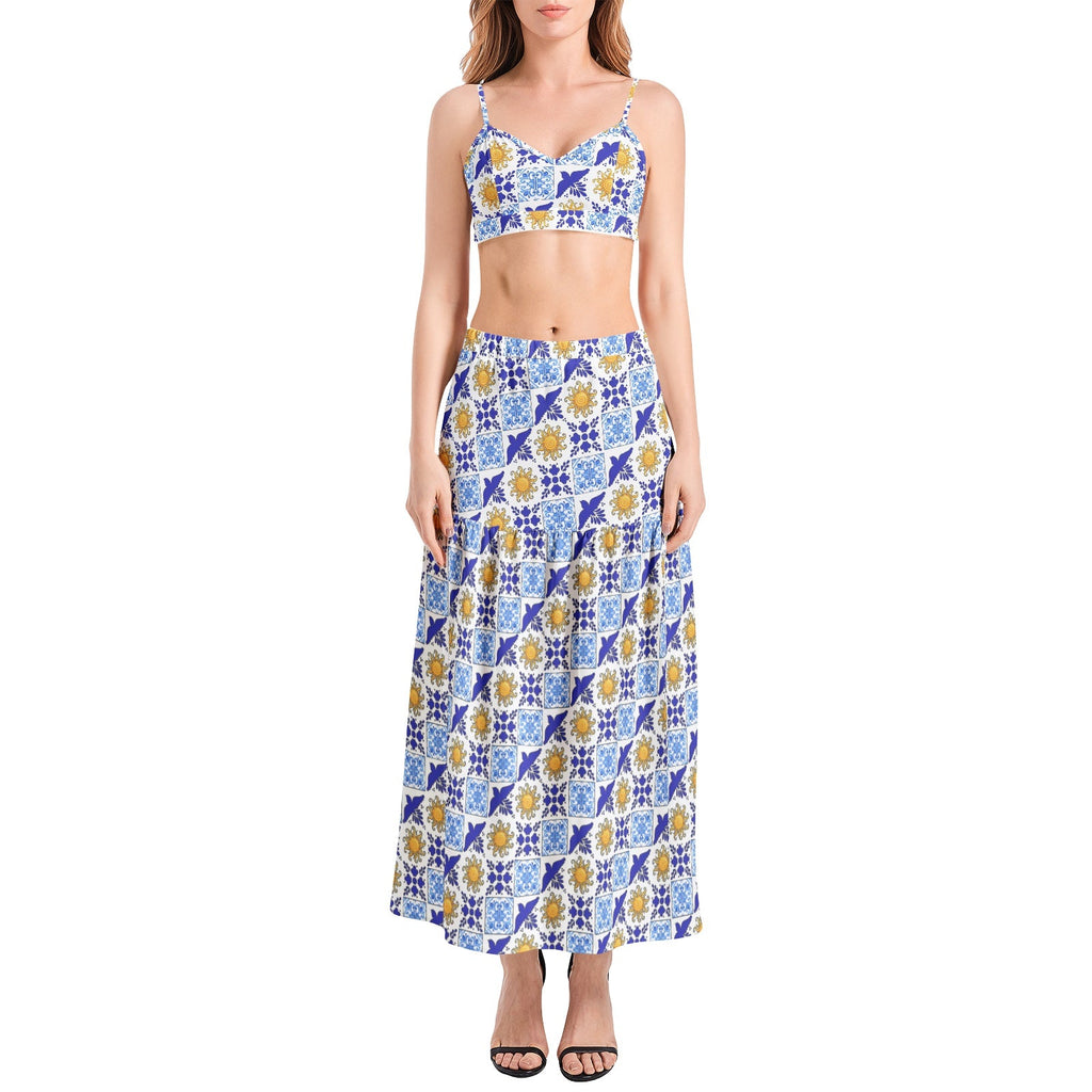 Talavera Sol style Bralette Top and High Slit Thigh Skirt Set with yellow sun and bright blue tiles Two-pieces La Vie Bien Talavera Sol style Bralette Top and High Slit Thigh Skirt Set with yellow sun and bright blue tiles