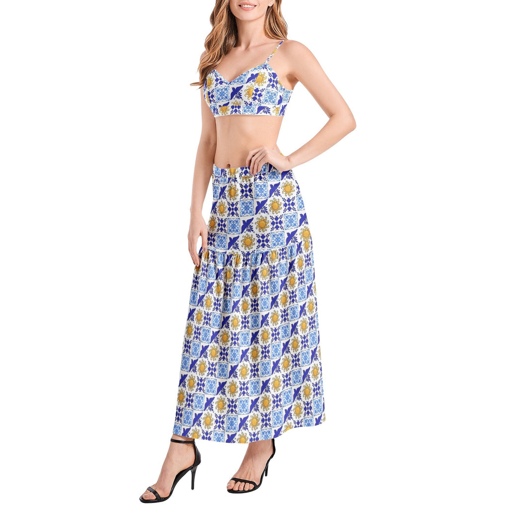 Talavera Sol style Bralette Top and High Slit Thigh Skirt Set with yellow sun and bright blue tiles Two-pieces La Vie Bien Talavera Sol style Bralette Top and High Slit Thigh Skirt Set with yellow sun and bright blue tiles