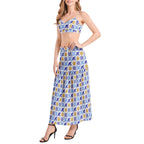 Talavera Sol style Bralette Top and High Slit Thigh Skirt Set with yellow sun and bright blue tiles Two-pieces La Vie Bien Talavera Sol style Bralette Top and High Slit Thigh Skirt Set with yellow sun and bright blue tiles