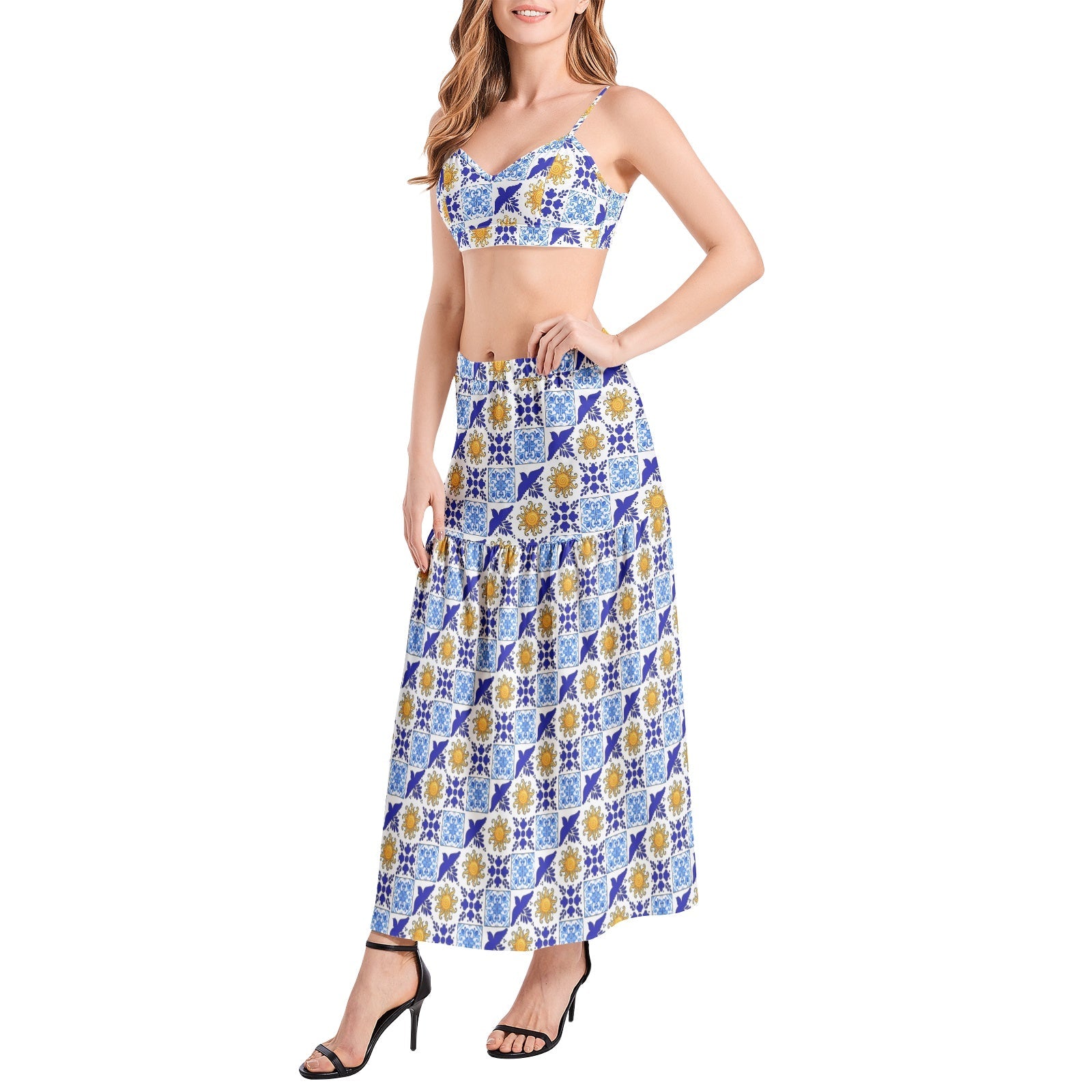 Talavera Sol style Bralette Top and High Slit Thigh Skirt Set with yellow sun and bright blue tiles Two-pieces La Vie Bien Talavera Sol style Bralette Top and High Slit Thigh Skirt Set with yellow sun and bright blue tiles