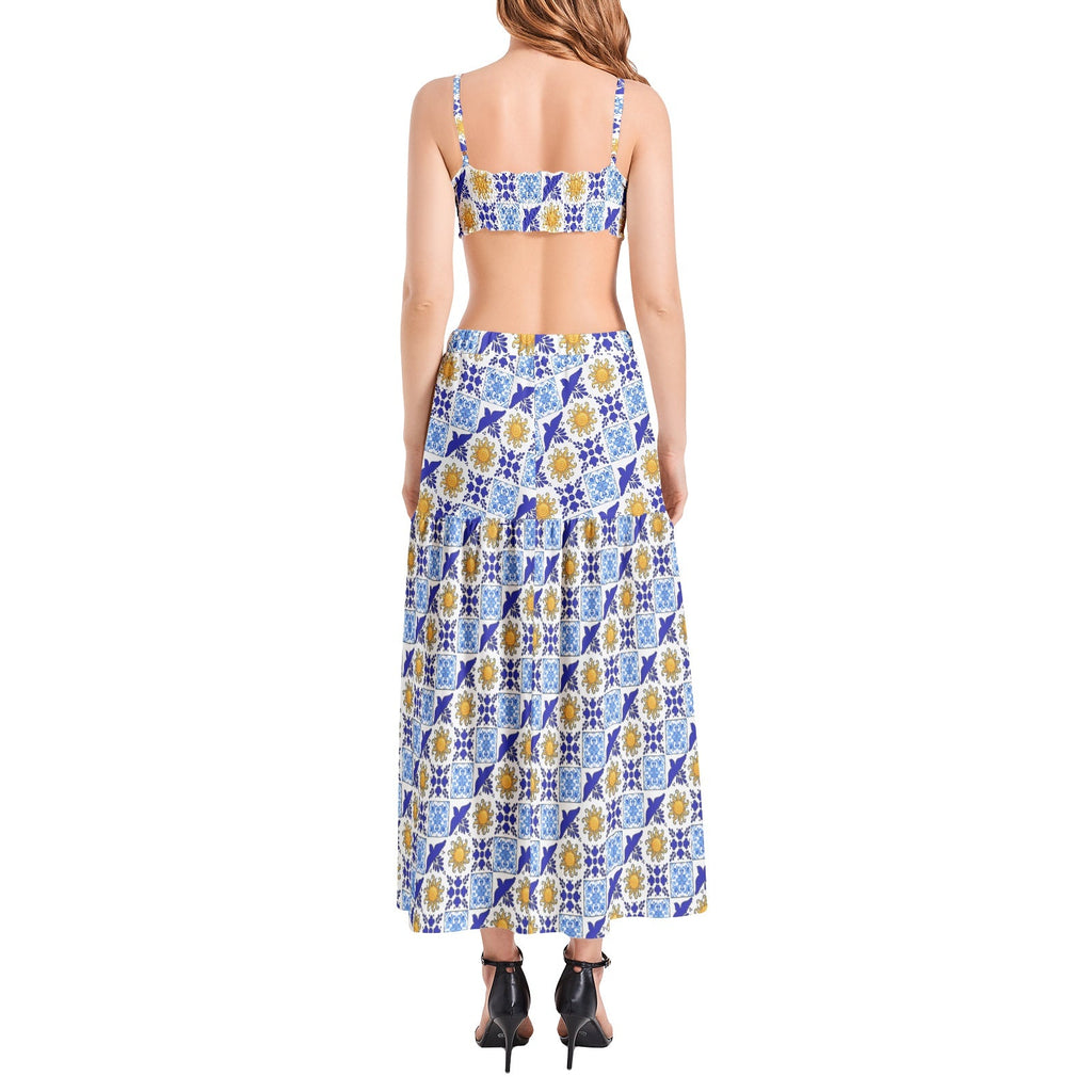Talavera Sol style Bralette Top and High Slit Thigh Skirt Set with yellow sun and bright blue tiles Two-pieces La Vie Bien Talavera Sol style Bralette Top and High Slit Thigh Skirt Set with yellow sun and bright blue tiles