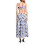 Talavera Sol style Bralette Top and High Slit Thigh Skirt Set with yellow sun and bright blue tiles Two-pieces La Vie Bien Talavera Sol style Bralette Top and High Slit Thigh Skirt Set with yellow sun and bright blue tiles