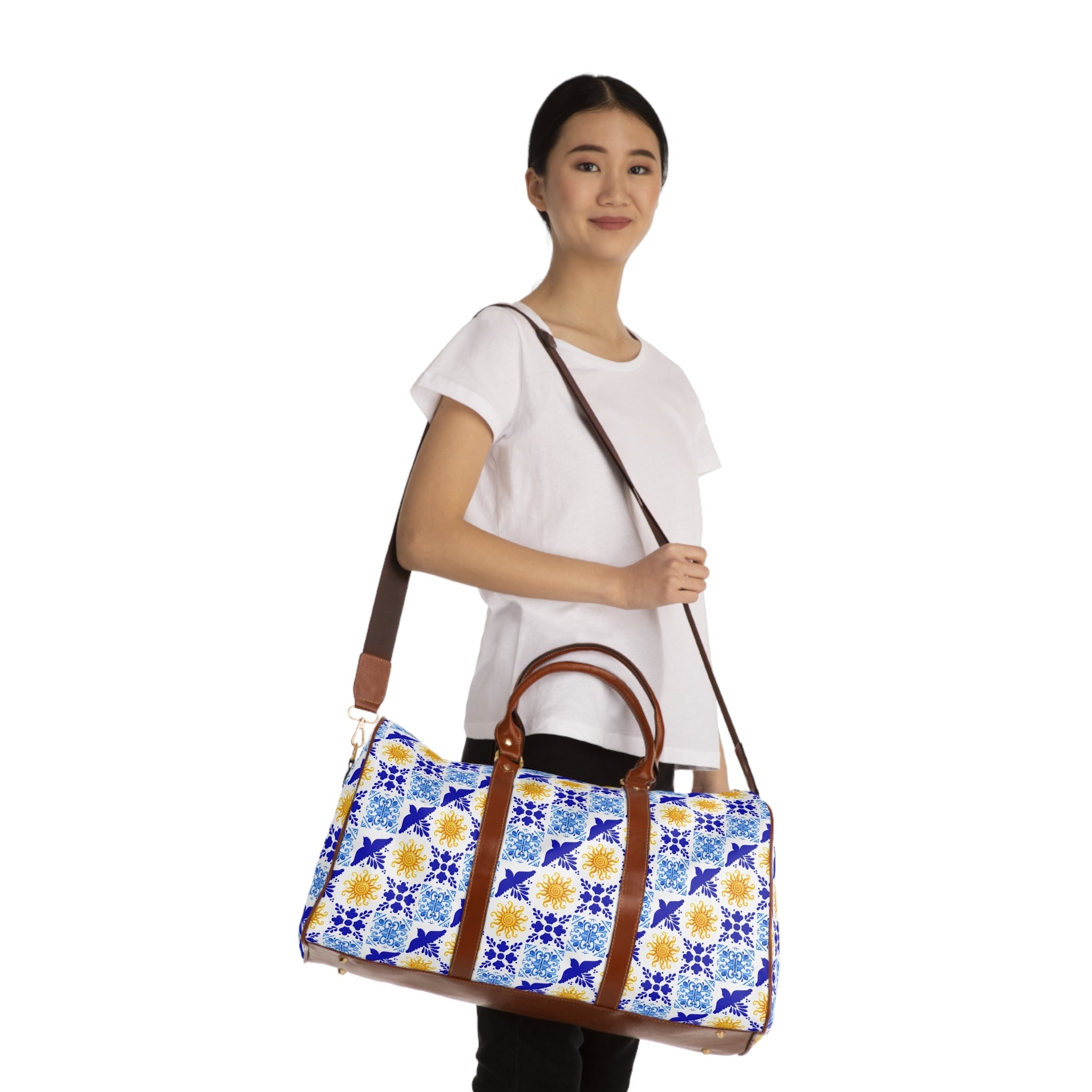 Talavera Sol Tile Print Waterproof Travel Bag, Duffle with Sun and Bird Pattern Bags La Vie Bien Talavera Sol Tile Print Waterproof Travel Bag, Duffle with Sun and Bird Pattern